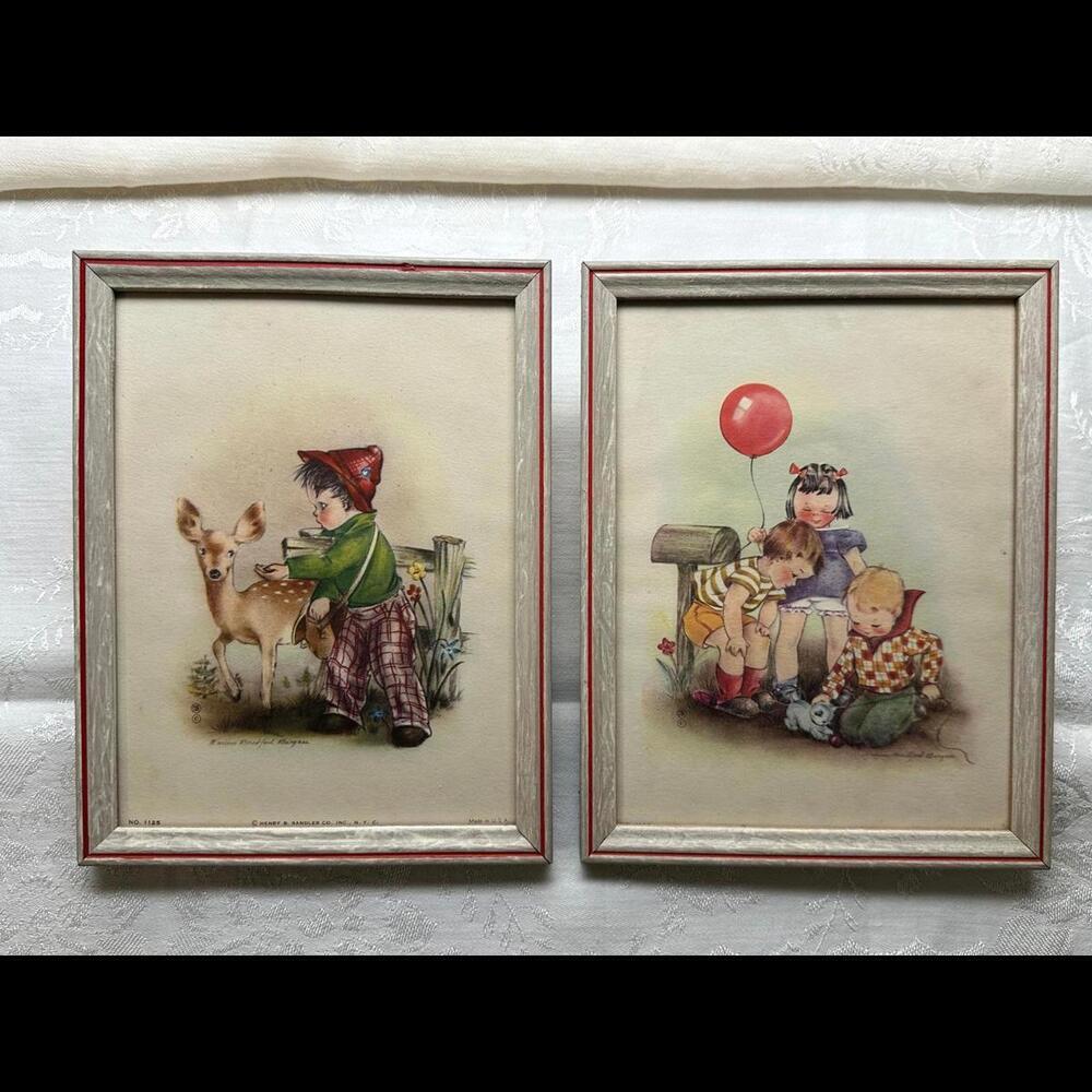 Vintage 1940s Lithograph Framed Nursery Art Pair by Marion Bradford Burgess
